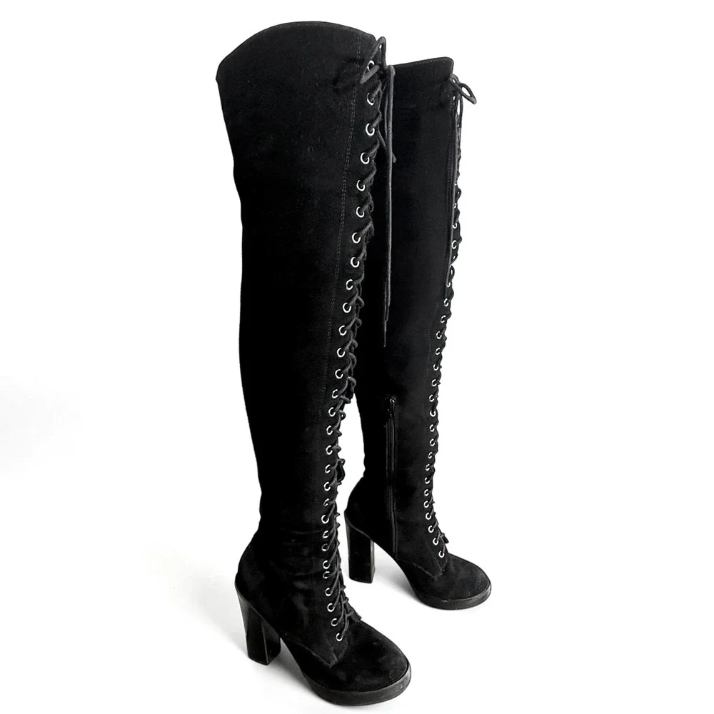 Aldo Black Suede Over The Knee Lace Up Boots Block Heel Lug Sole Womens Size 7